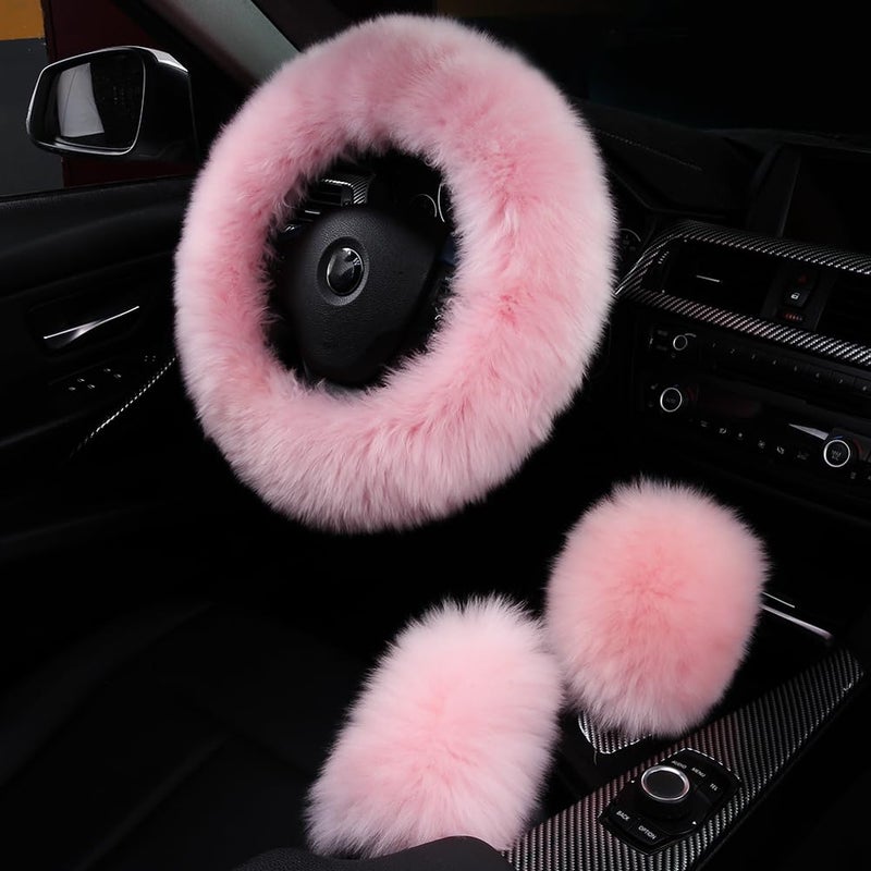 AOGELAN 3Pcs Set Fashion Fluffy Fuzzy Wool Fur Soft Car Steering Wheel Cover with Handbrake Cover & Gear Shift Cover for Women/Girls/Ladies Auto Long Wool Accessories  Pink - Image 1